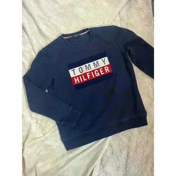 Tommy Hilfiger Big Logo Long Sleeve Crewneck Pullover Blue Sweatshirt Small Crew - Picture 1 of 6